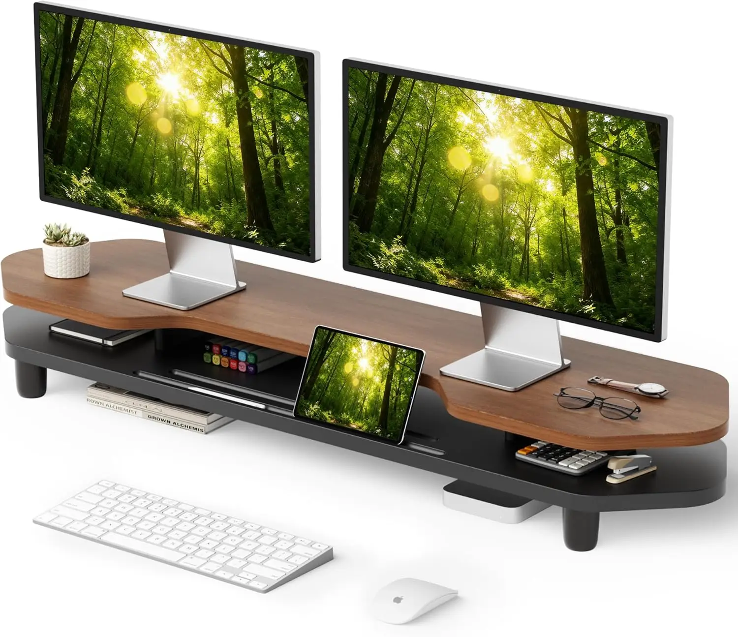

39.4 Inch Dual Monitor Stand with Storage Shelf, 2-Tier Desk Organizer for PC Laptop Printer, Phone Tablet Slots