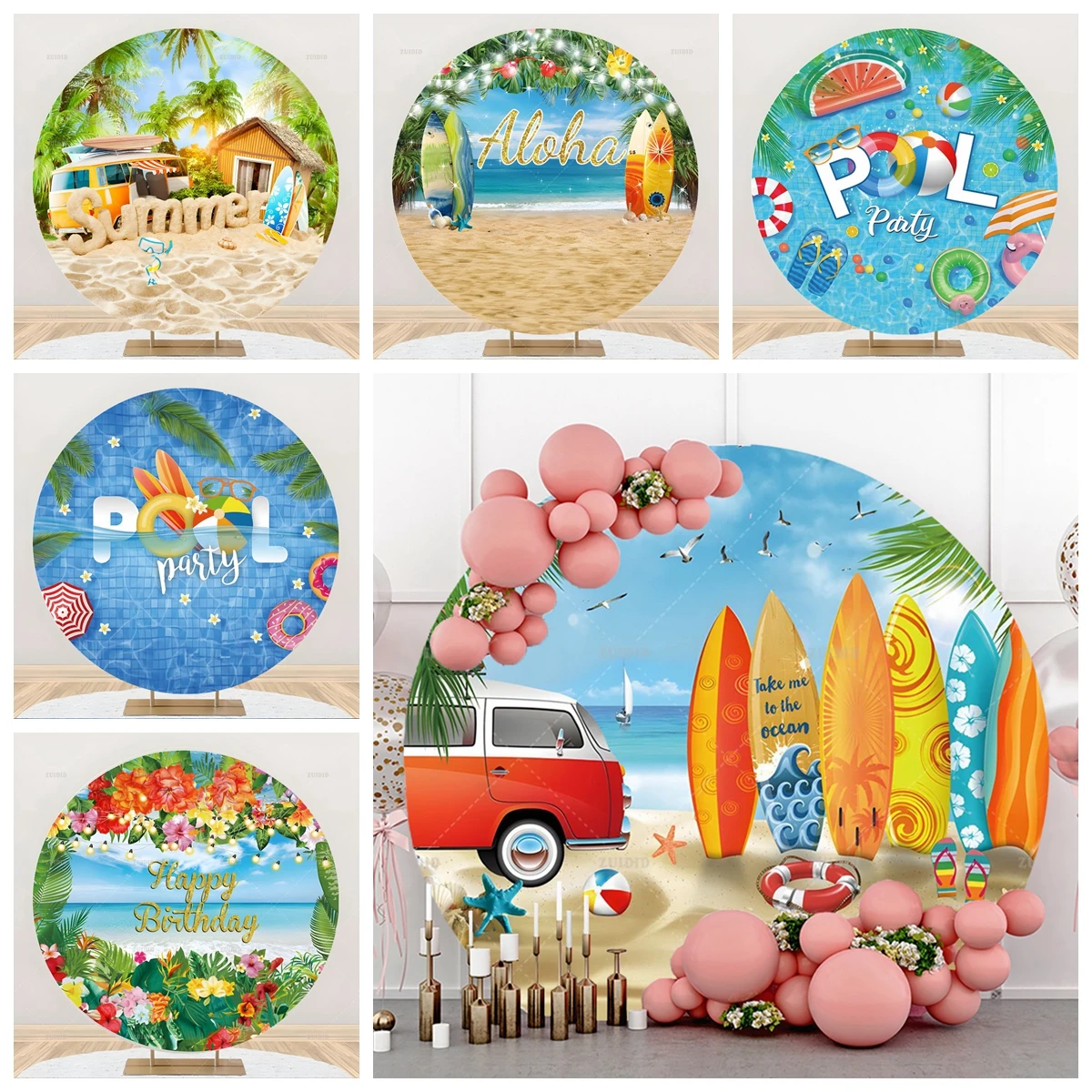 

Summer Pool Party Round Backdrop Seaside Beach Hawaii Custom Baby Shower Girl Boy Birthday Portrait Photographic Background Prop