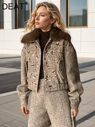 DEAT Fashion Women's Jackets Fur Collar Loose Single Breasted Long Sleeves Sequined Khaki Short Coat Autumn 2024 New Tide 7AB604