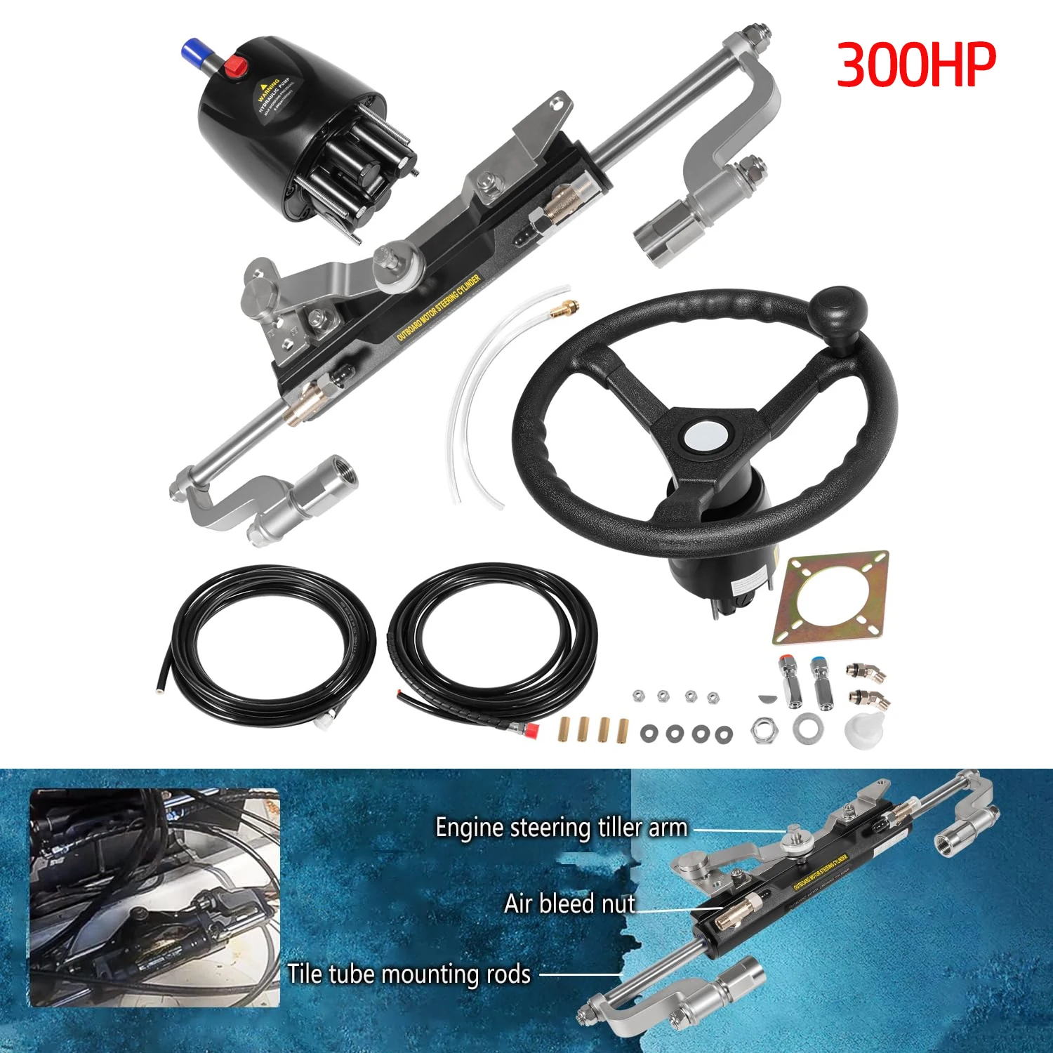 

300HP Outboard Hydraulic Steering Kit with 13" Steering Wheel – Helm Pump & Cylinder – for Yamaha/Mercury/Honda/Suzuki Engines