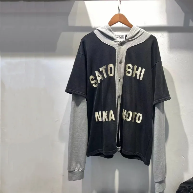 Asian Code Men Women SATOSHI Hoodie Embroidered Classic Letters Washed Retro Fake Two-piece Contrasting Baseball Hooded Jacket