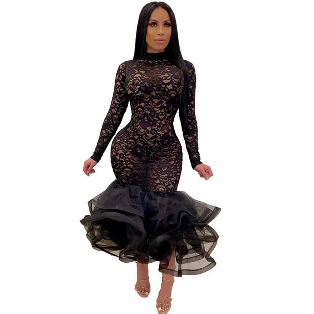 Sexy Night Party Bruiloft Avond Kanten Jurk Vrouwen See-through Hollow Out Cascading Ruffle Zeemeermin Bodycon Midi Jurk vestidos