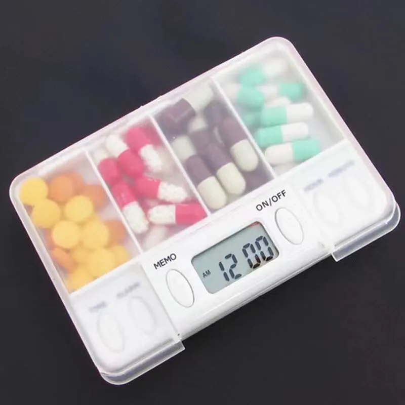 4 Grid Pill Box Medicine Storage Case Electronic Timing Reminder Medicine Boxes Alarm Timer Pills Organizer Pill Drug Container