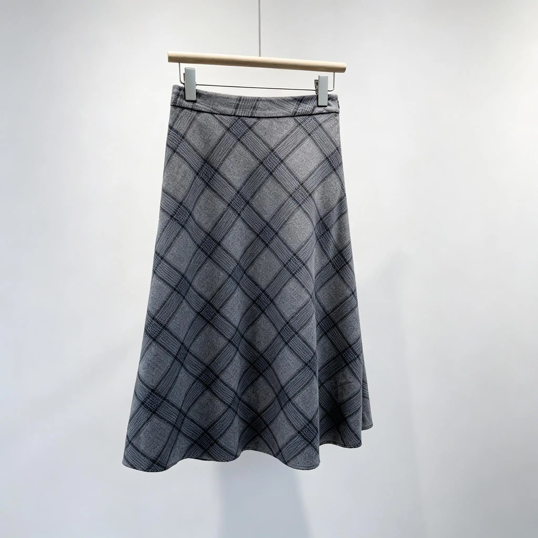 High Waist Grey Check A Line Midi Skirt Women Wool Flared Skirt