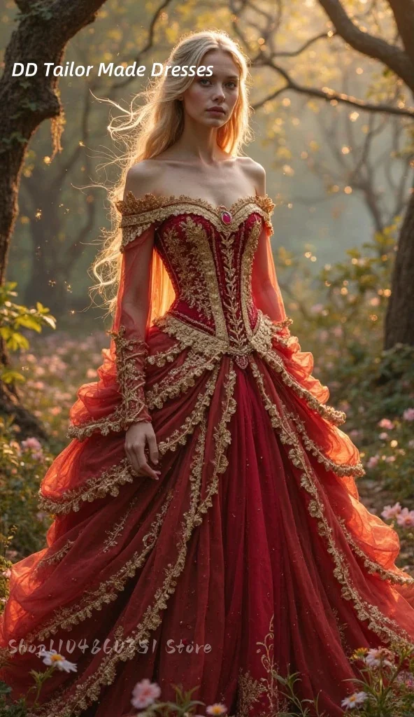 Vintgae レッドゴールドのウェディングドレス歴史中世コルセットブライダルドレスゴールデンレースアップリケシャーリング Vestidods カスタマイズ