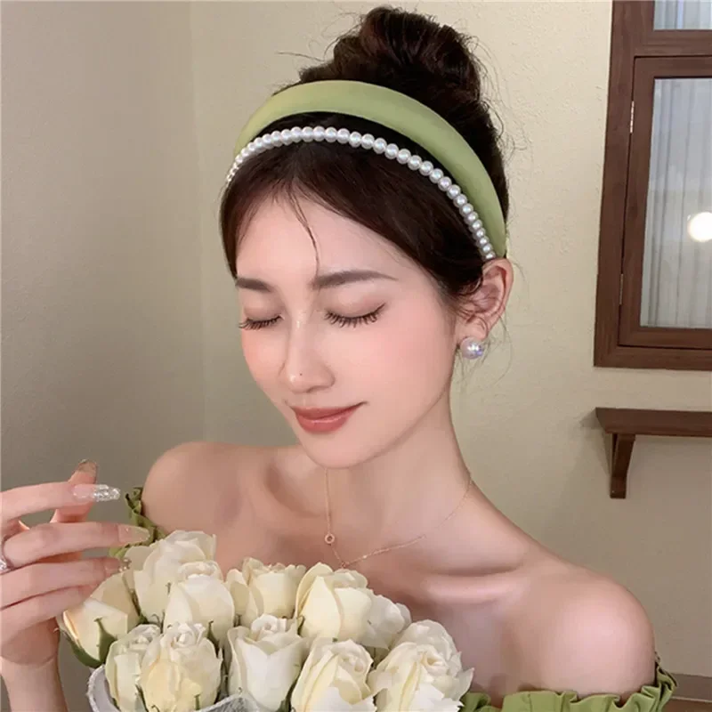 Solid Color Double Layer Pearl Hair Hoop Women Elegant Sponge Hair Bands Girls Korean Sweet Headbands Headwear Hair Accessories