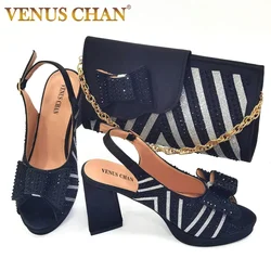 2024 Newest INS Style Black Color Elegant High Heels Nigeria Popular Design African Ladies Shoes And Bag Set for Wedding Party
