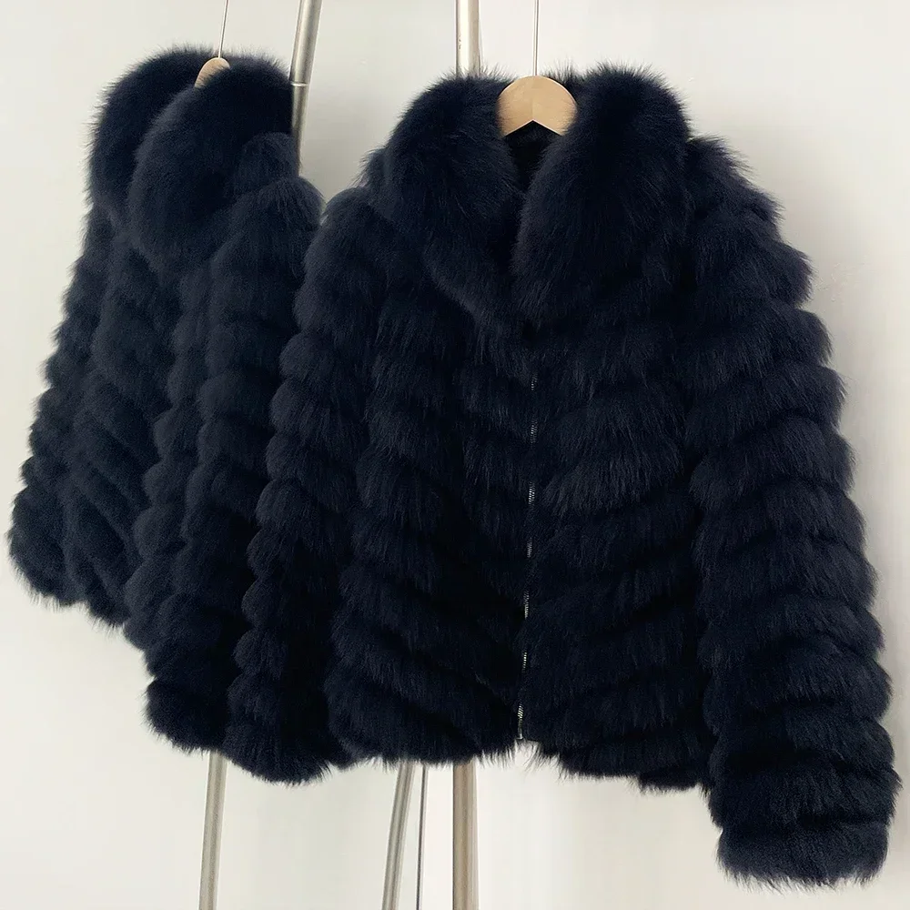 OFTBUY Neue Herbst-Winter-Oberbekleidung für Damen, Wendbare Stehkragen-Jacke aus echtem Fuchsfell, Chevron-Schnitt, kurze, abgeschnittene Naturpelzjacke – Detail 16
