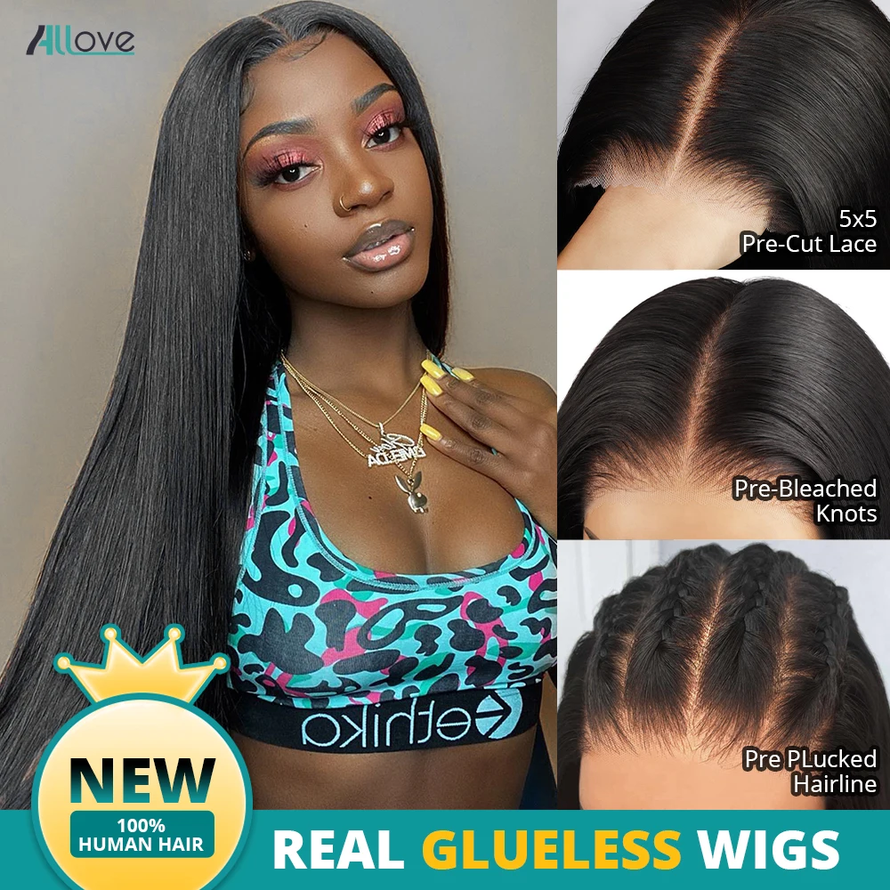 Glueless Wig Bleached Knots Pre Plucked Upgraded 5X5 Lace Front Wigs Pre Cut Straight Natural Color 100% Human Hair For Women