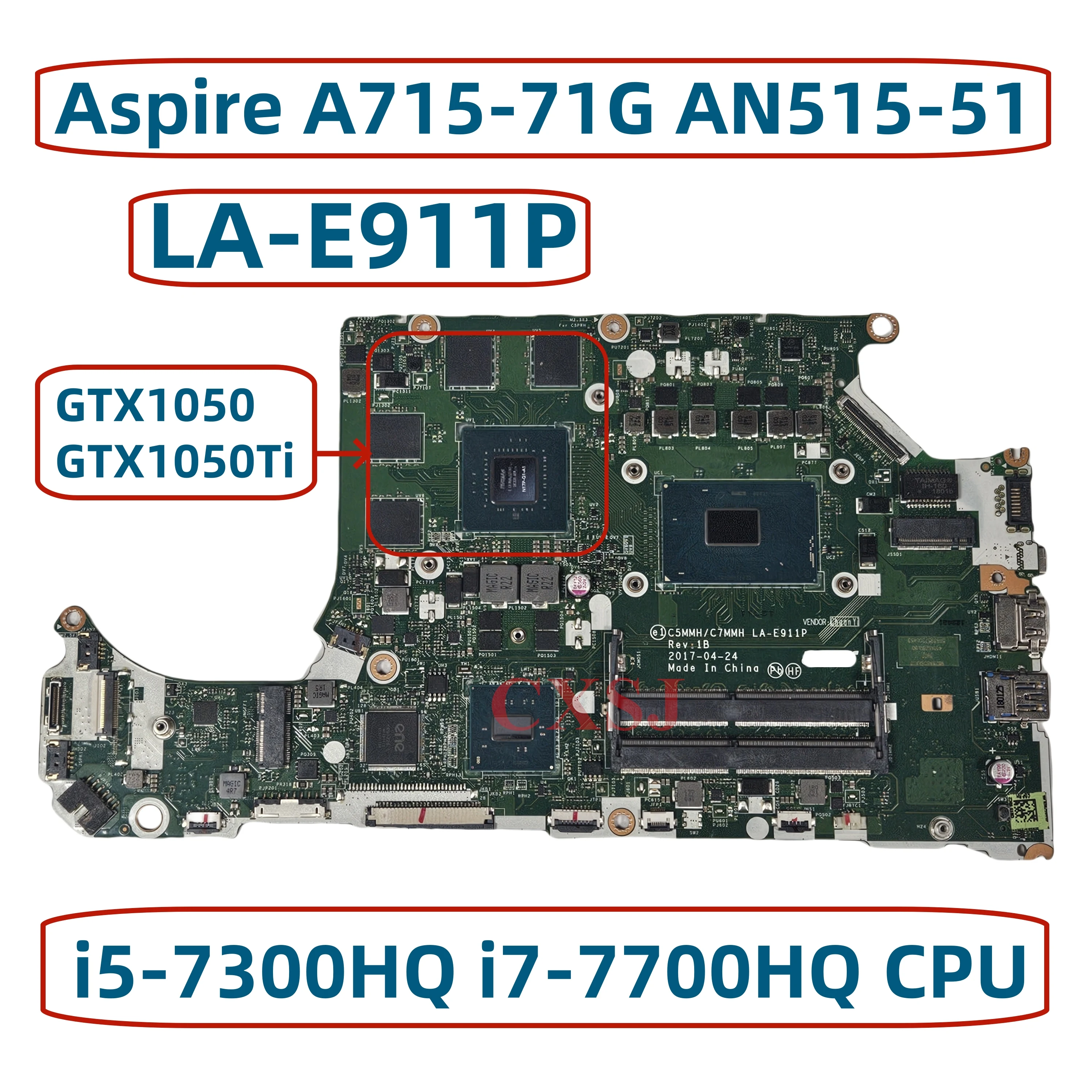 LA-E911P For Acer N17C1 Aspire A715-71G AN515-51 Laptop Motherboard With i5-7300HQ i7-7700HQ CPU GTX1050 GTX1050Ti 2GB/4GB-GPU