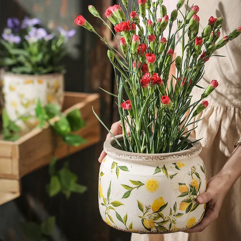 Vase Ceramic Lemon Printing Underglaze Color Necking Flower Pot Home Outdoor Balcony Desktop Decoration Creative Retro Idyllic