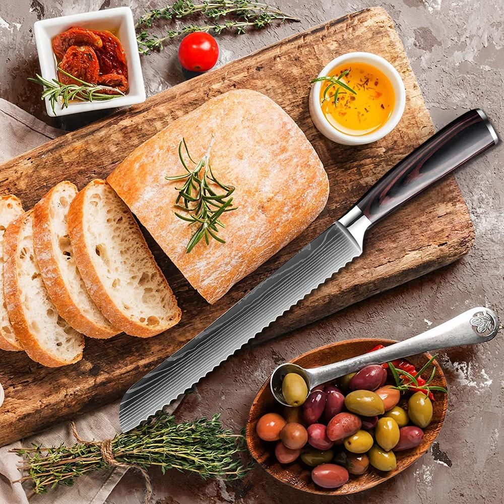 XITUO Kitchen Bread Knife Serrated Design Laser Damascus Stainless Steel Blade 8 inch Chef Knives Bread Cheese Cake Tool