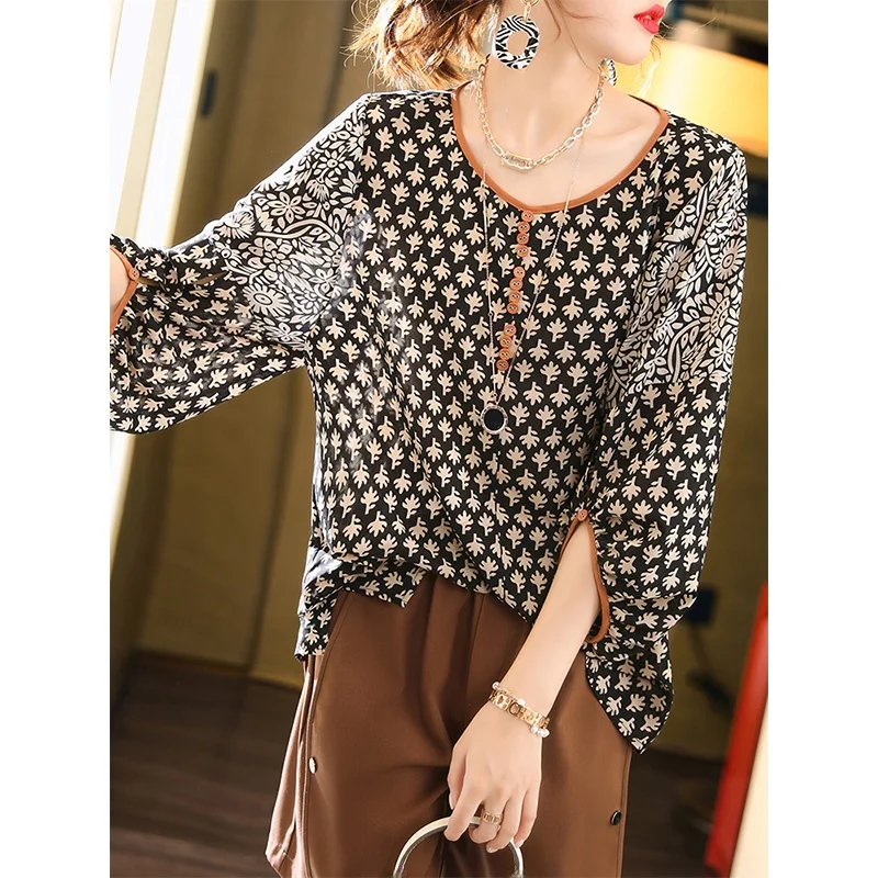 

Retro Print Tee-quarter Sve Chiffon Top Summer Loose Meat Concealing Faionable round Ne Overhead Small ence irt