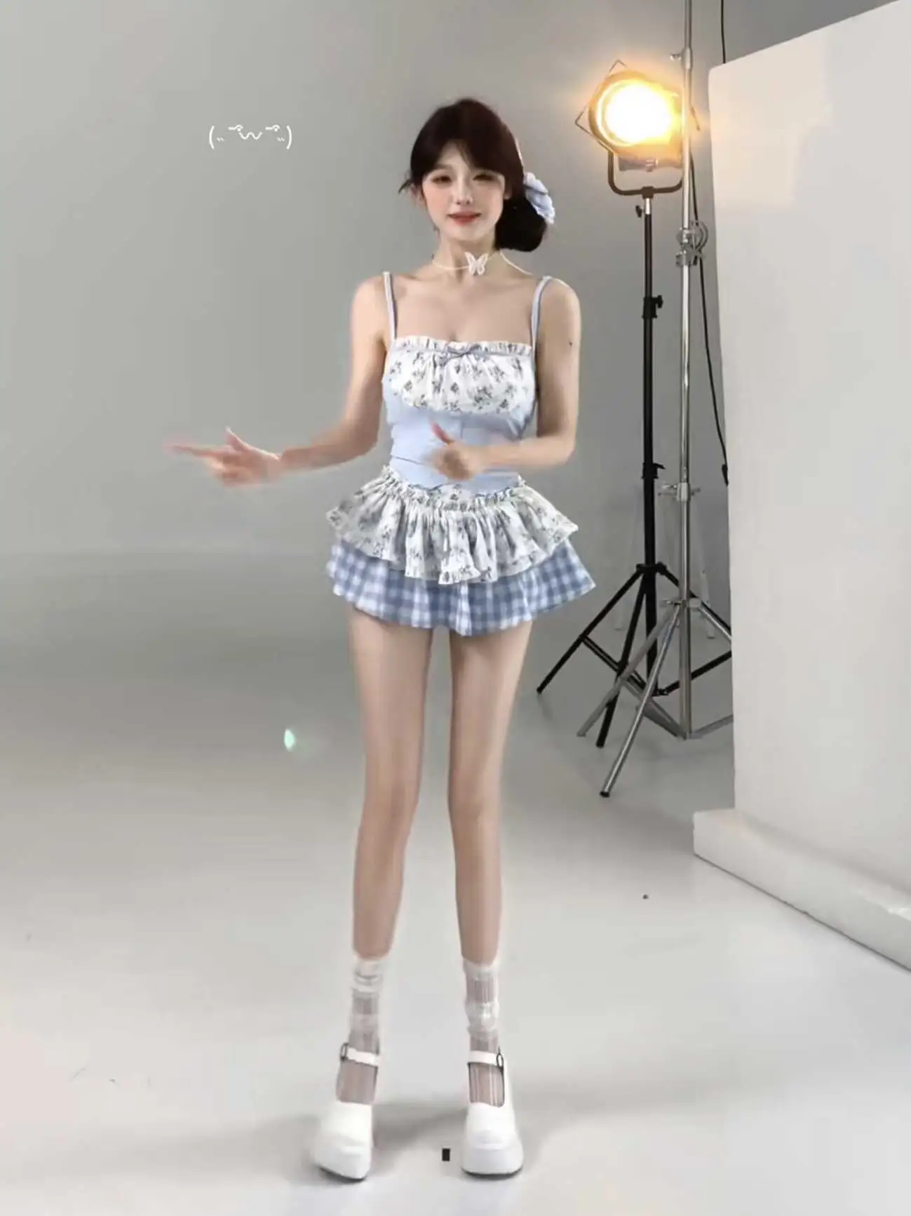 Korean Sweet Floral Print Patchwork Crop Top High Waist Puffy ort Skirt Fre Youthful Two-Piece Set for Women Casual Wear