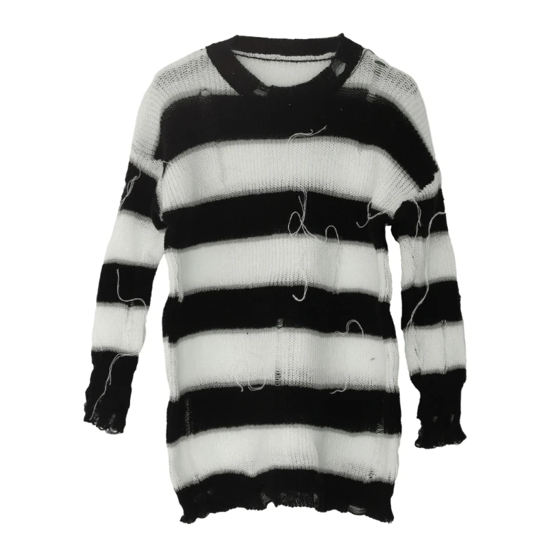 

Hollow out Hole Broken Sweater for Women Teen Girl Black & White Striped Sweater Casual Crewneck Sweaters for