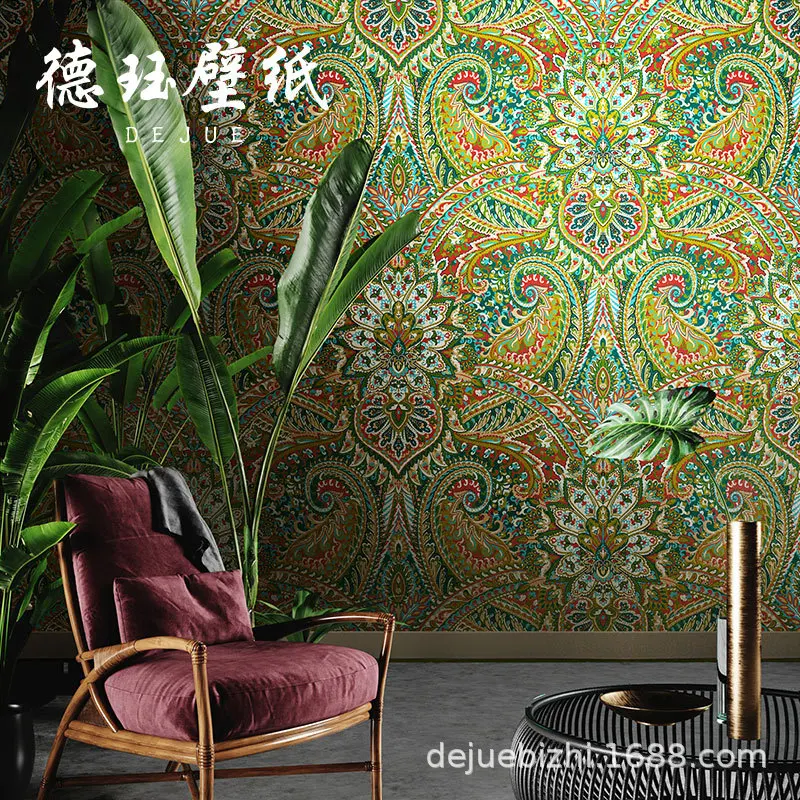 Retro American Country Green Floral Exotic Wallpaper Moroccan Living Room Bedroom Background Wall Mural Tibetan Style