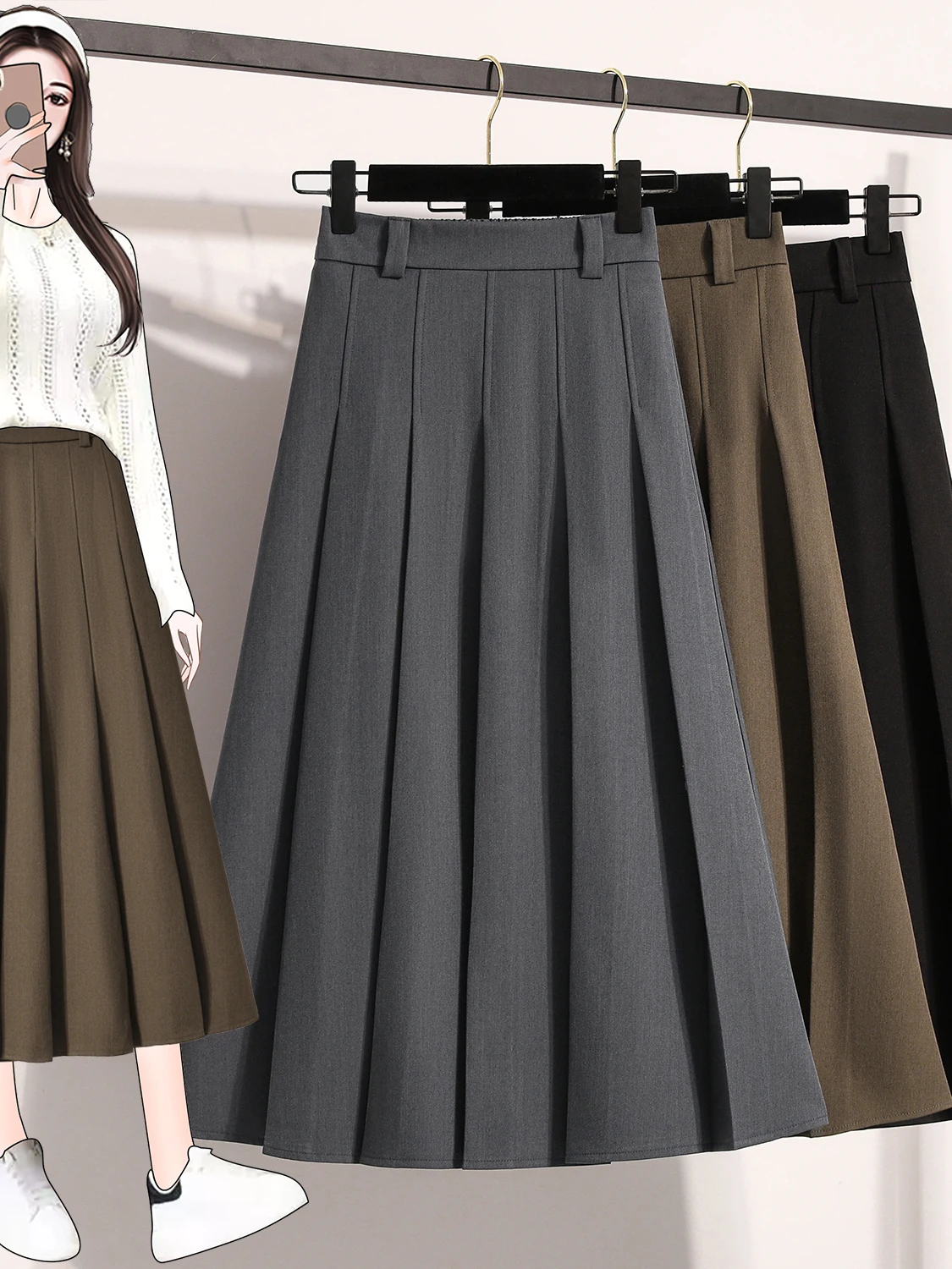Spódnica plus size, elegancka, z wysokim stanem, w kształcie litery A, plisowana, codzienna, uniwersalna, maskująca biodra, wyszczuplająca, jesienna, modna spódnica damska.
