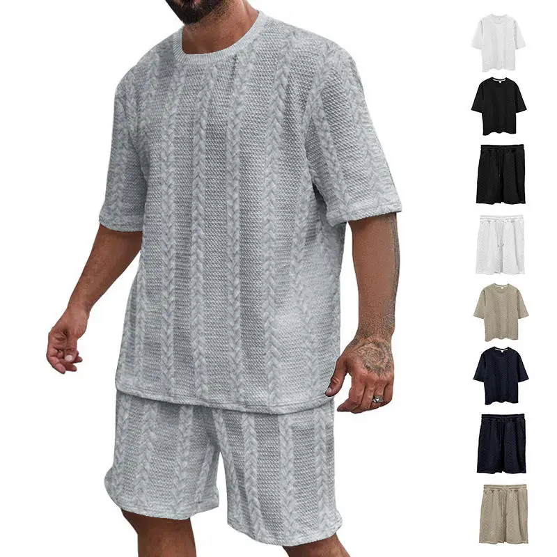 

Летний вязаный спортивный костюм для мужчин с круглым вырезом и короткими рукавами, с шортами, удобный, дышащий, повседневный комплект