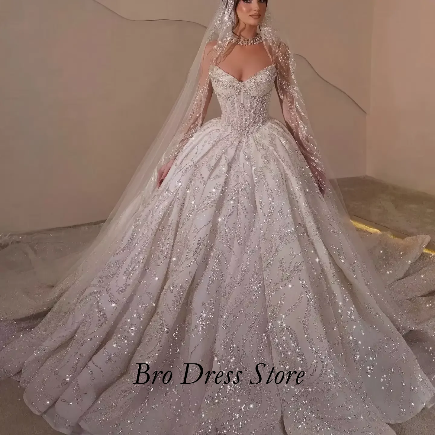 Customzied Glitter Wedding Dress Sleeveless Sweetheart Crystal Ball Gown Princess Bridal Gown Cathedral Train Vestido De Novia