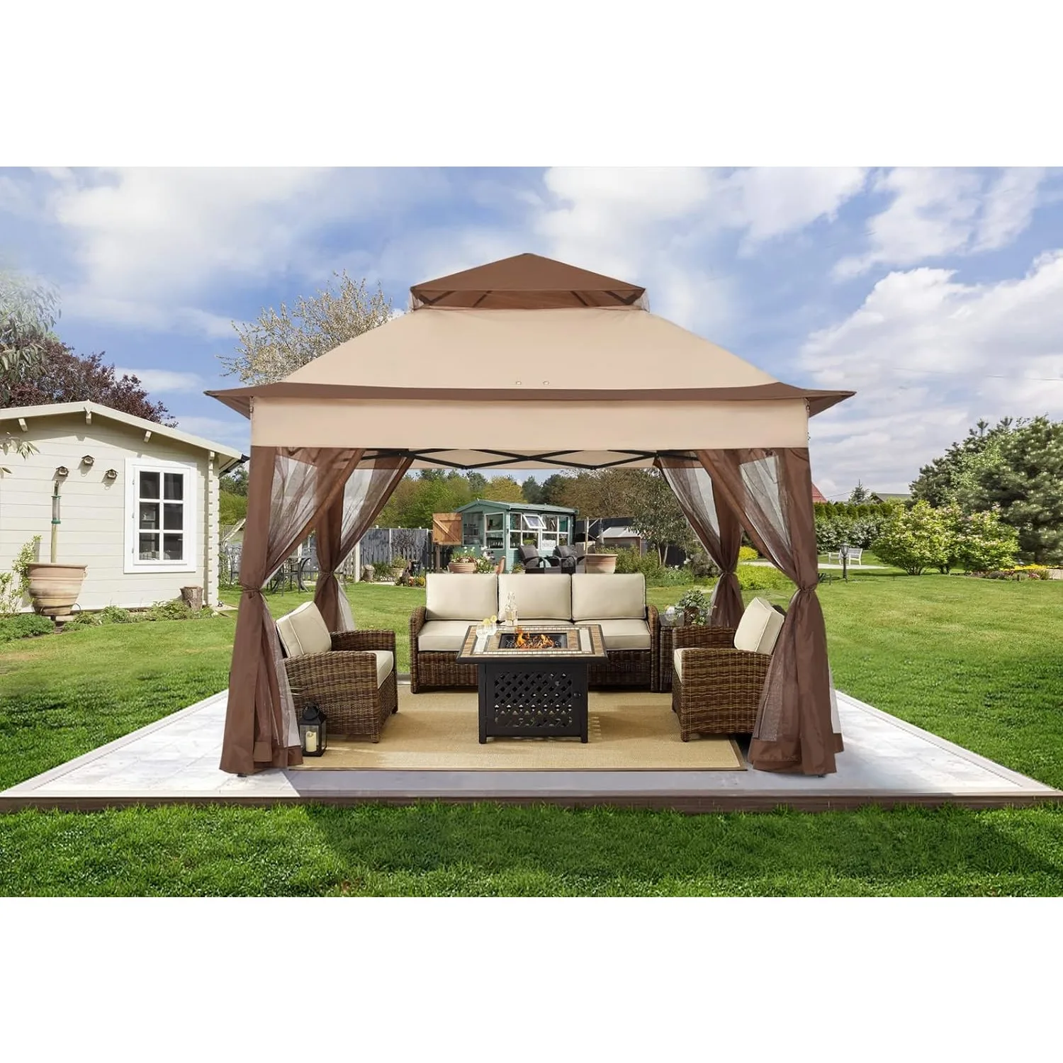 11x11Ft Pop up Gazebo Easy Pop Up Tent Instant Outdoor Canopy Shelter with Mosquito Netting Walls(Beige)