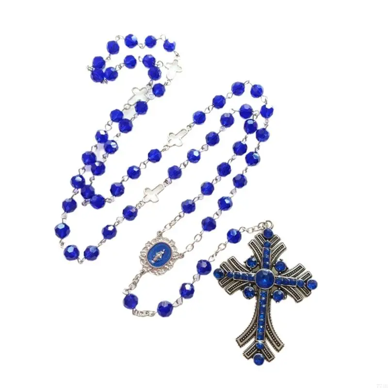 77JB 8mm Blue Crystal Bead Rosary Necklace Sweater Chain Religious Pendants Jewelry