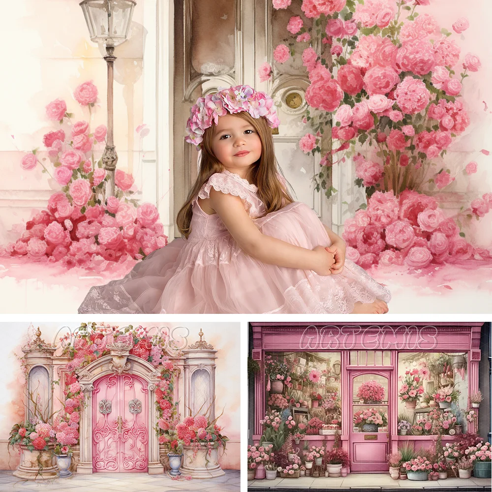 Valentine's Day Backdrop Pink Watercolor Decoration Lush Flower Shop Cityscape Love Birthday Portrait Background Photo Studio