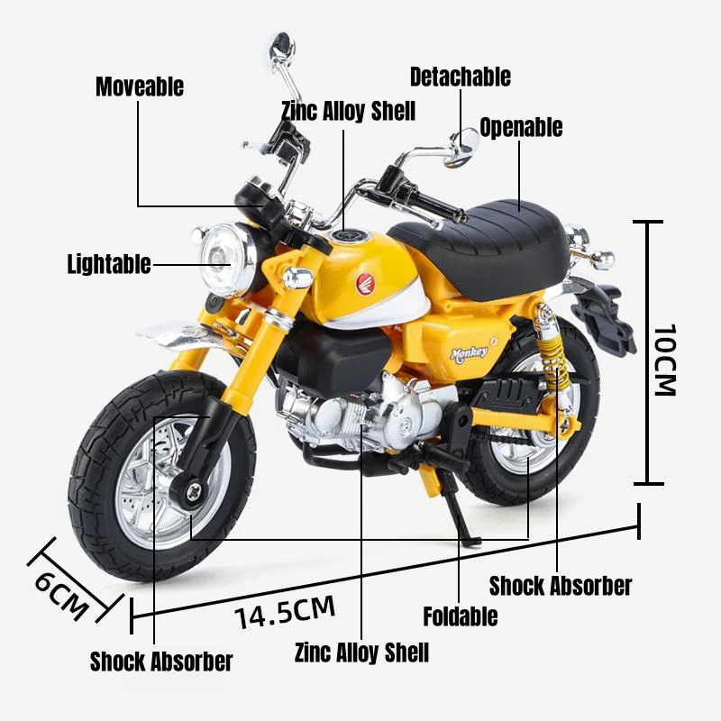 1/12 Honda Monkey Motorcycle Toy 1:12 Diecast Metal Model Super Sport Miniature Collection Sound & Light Gift For Boy Children