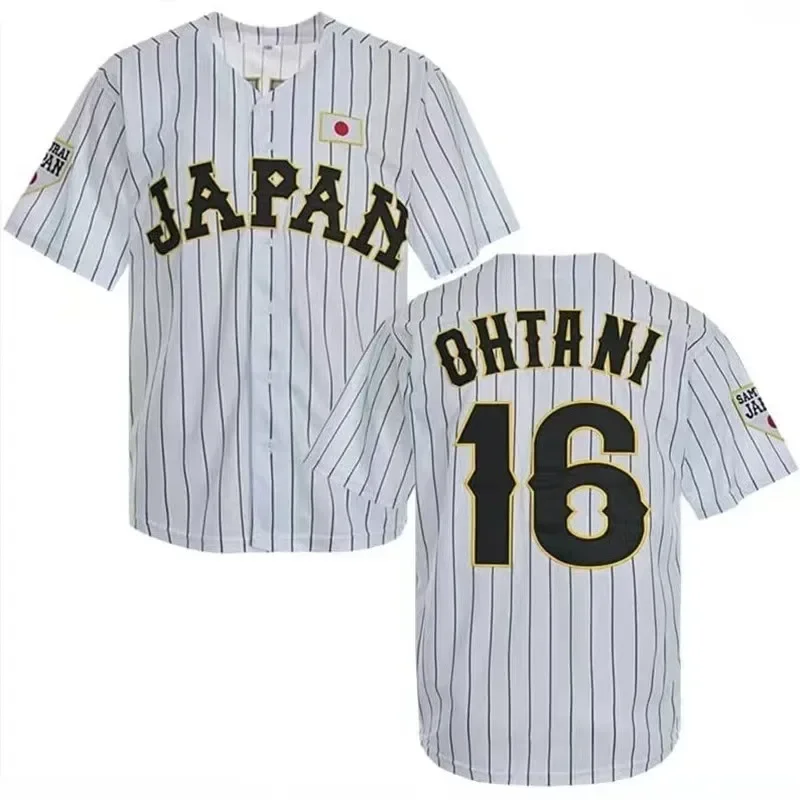 Japonia 16. koszulka baseballowa OHTANI Oversize odzież sportowa na świeżym powietrzu haft szycie pasków tkanina hip-hopowa główna ulica t-shirty