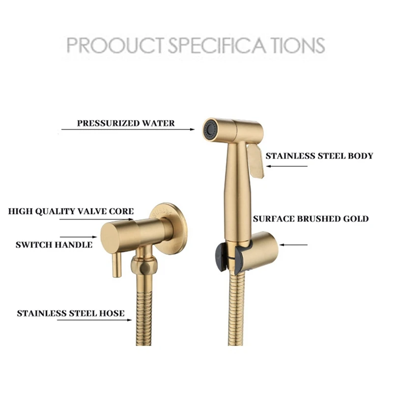 Bathroom Toilet Bidet Tap Kit Brushed Gold Wall Mounted Bidet Sprayer Shower With Shut-Off Valve