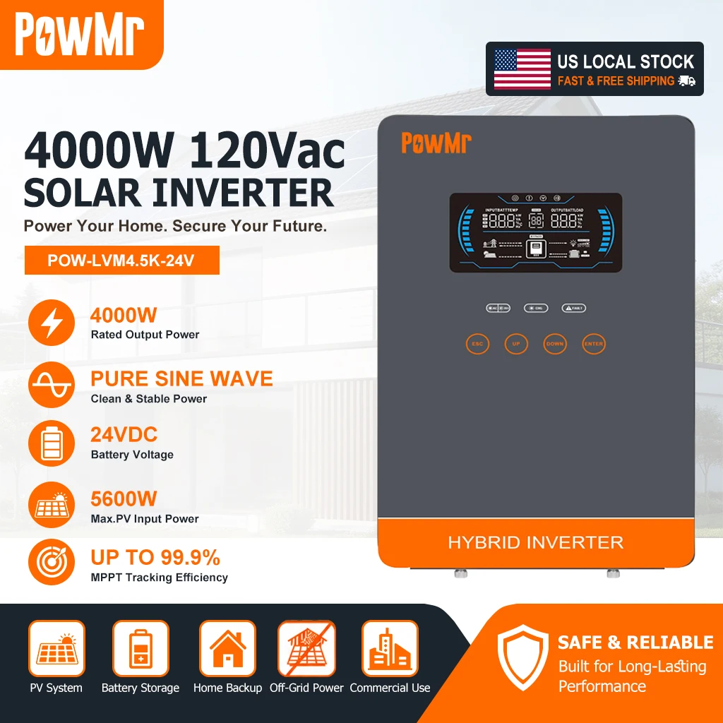PowMr 4000W Off Grid Solar Inverter 24V DC To 120VAC Pure Sine Wave Built‑in 140A MPPT Solar Charger Max 5600W PV Power Support LiFePO4 Lithium Gel Flooded Battery