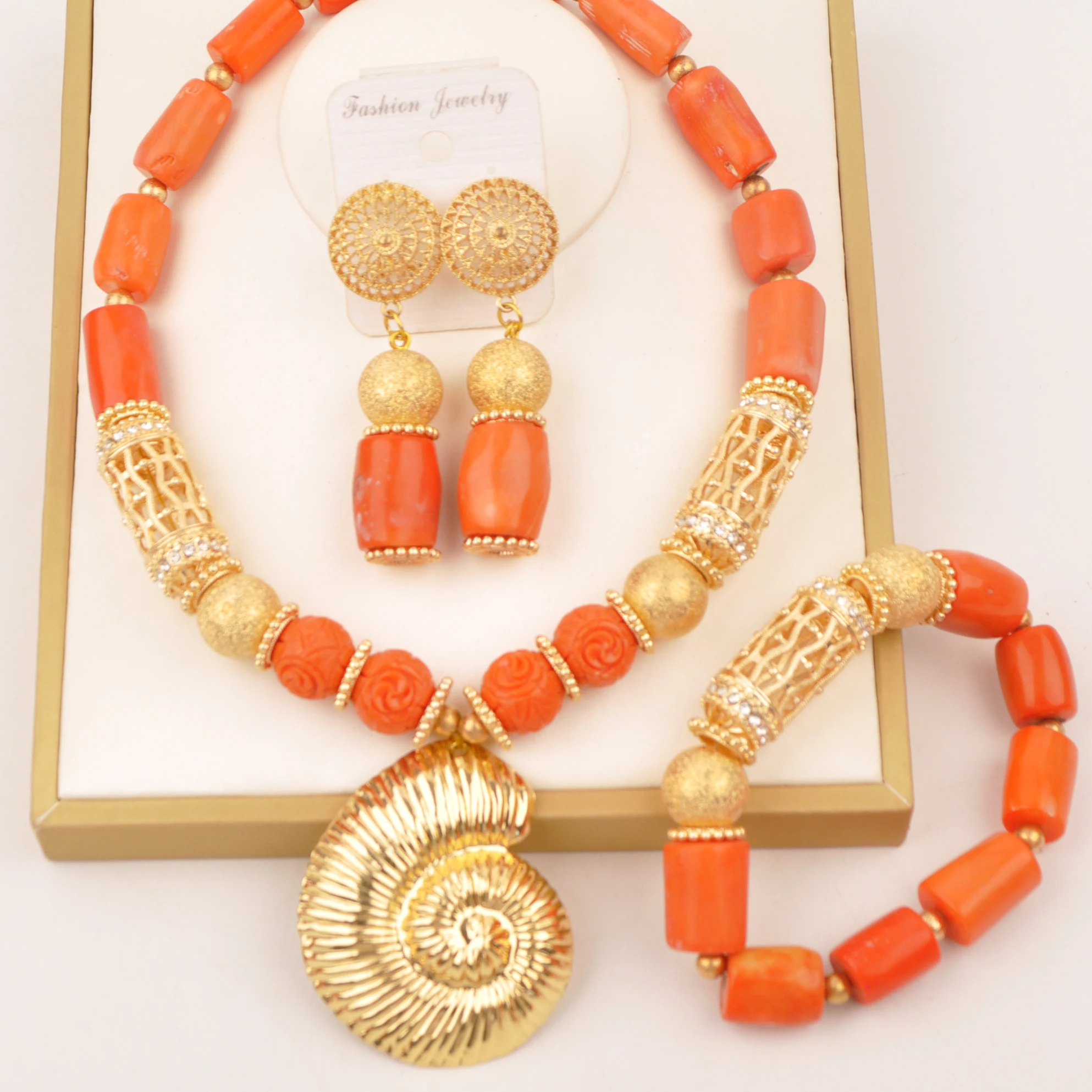 Jewelry Set Natural coral Orange Necklace Nigeria Wedding Bride Jewelry Africa