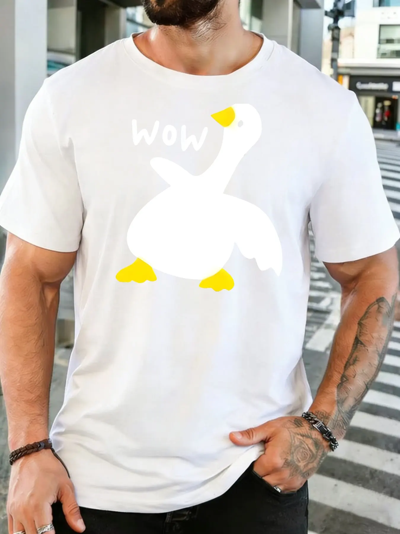 Mens Soft Cotton Tee Cute White Duck Wow Simple Cartoon Print O Neck Short Sleeve Loose Casual Summer Top For Animal Loving Men