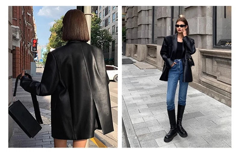 Lautaro Autumn Black Brown Soft  Pu Leather Blazer Women Shoulder Pads Long Sleeve Single Breasted Loose Casual Korean Fashion