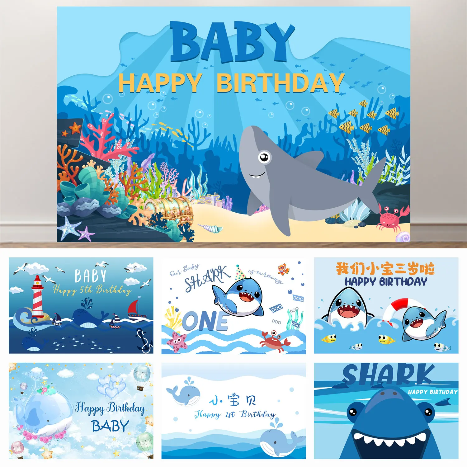 NeoBack Marine Animal Decoration Photography Background Cartoon Water Color Whale And Shark Banner Kids Family Portrait Backdrop