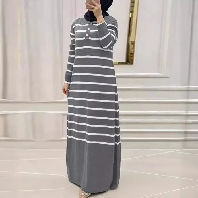 Eid Muslim Women Knit Dress Stripes Jalabiya Kaftan Islam Vestidos Long Robe Ramadan Morocco Dubai Abayas Knitting Dresses