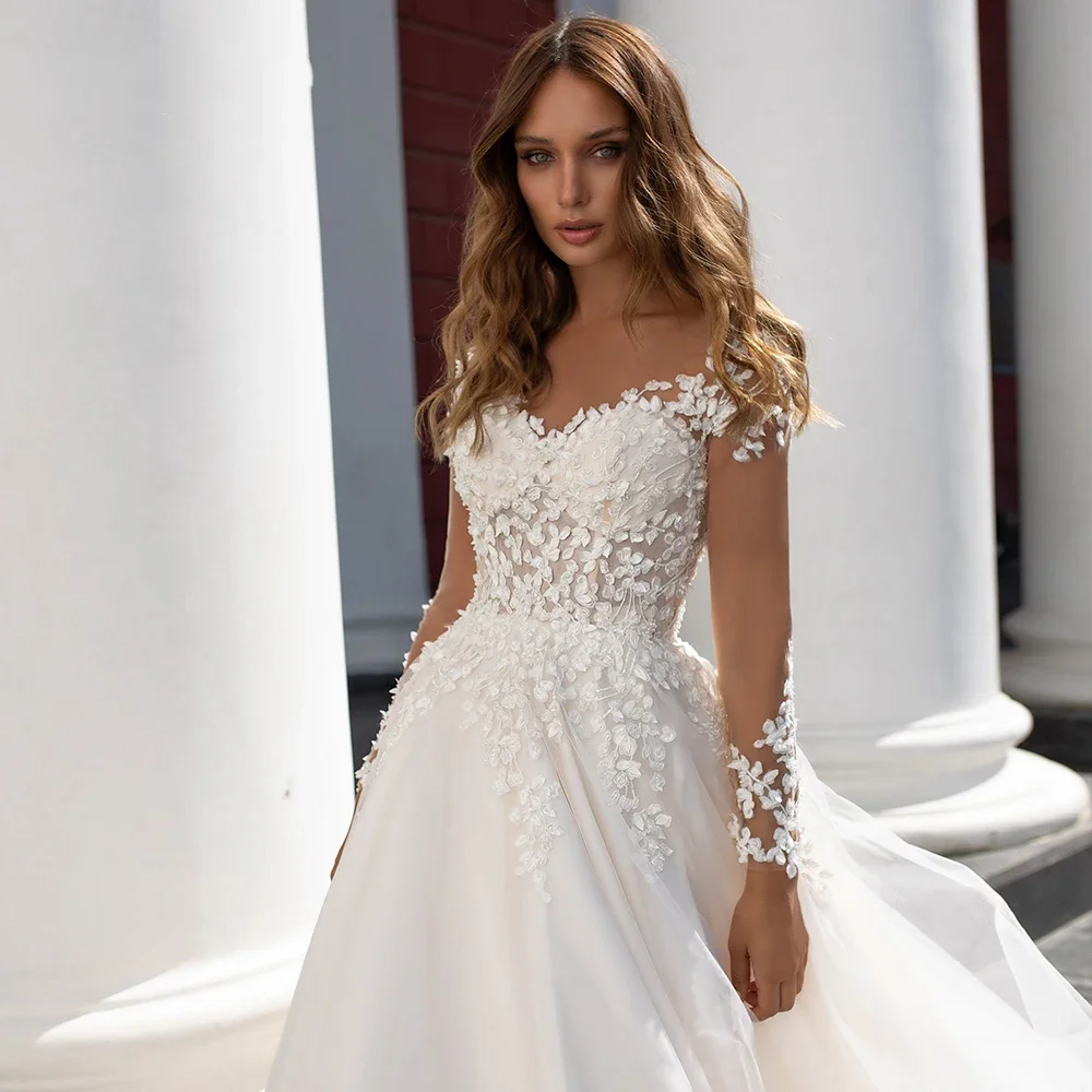 플라빈케 맞춤 A라인 레이스 웨딩드레스 긴팔 버튼 우아하고 세련된 신부 드레스 코트 트레인 브라이덜 가운 플러스 사이즈