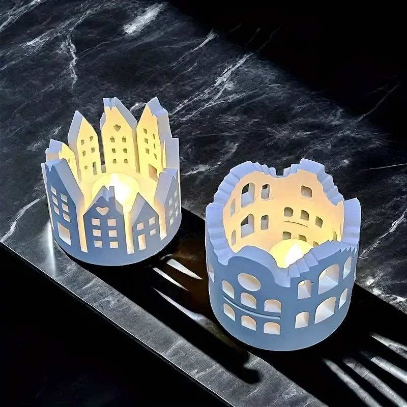 Round House Building Candle Holder Silicone Mold DIY Storage box Cement Gypsum Resin Pouring Ornaments Molds Christmas gift