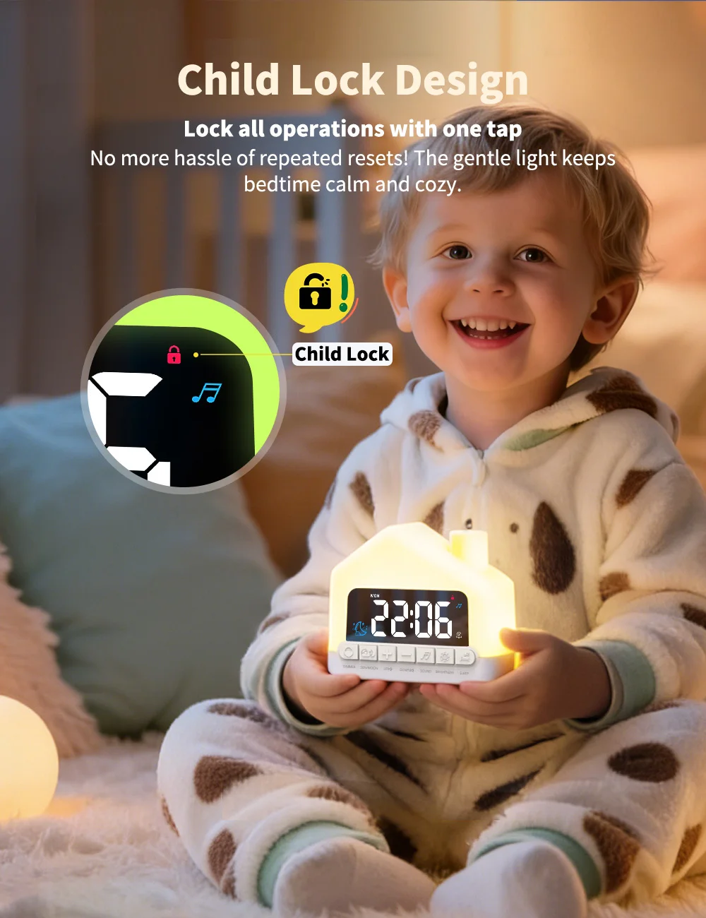 1pc fun house digital alarm clock, changes between 11 colors, one-touch lock operation, has a snooze function, two alarm sets, d