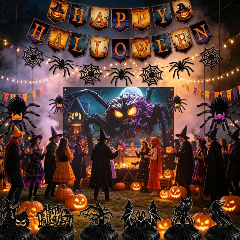 New Style Halloween Party Decoration Banner Spider Set Ghost House Bar Background Hanging Flag Honeycomb Ball DIY Accessories
