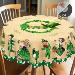 1 Piece of St. Patrick's Day Square Tablecloth, 5 Sizes Available, Dancing Irish Children's Printed Tablecloth, Green Lucky Four-Leaf Clover Round Tablecloth, Edge Embossing Process, Spring Garden Tablecloth Decoration, Tablecloth for Daily Home Kitchen, Terrace Use, St.Pa Holiday Decoration