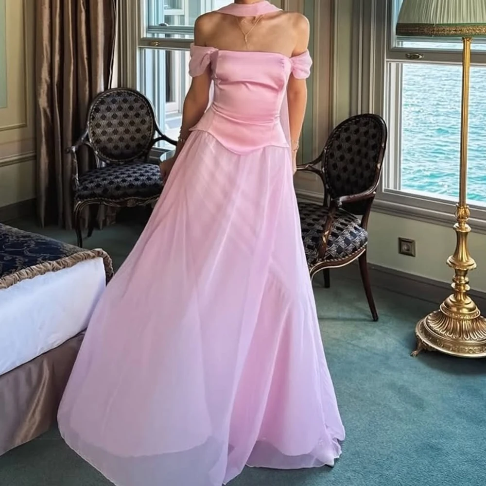 

Customized A-line Evening Dresses Floor-length Off The Shoulder Sleeveless Prom Gown Simple Fashion Stole Draped Party Gown