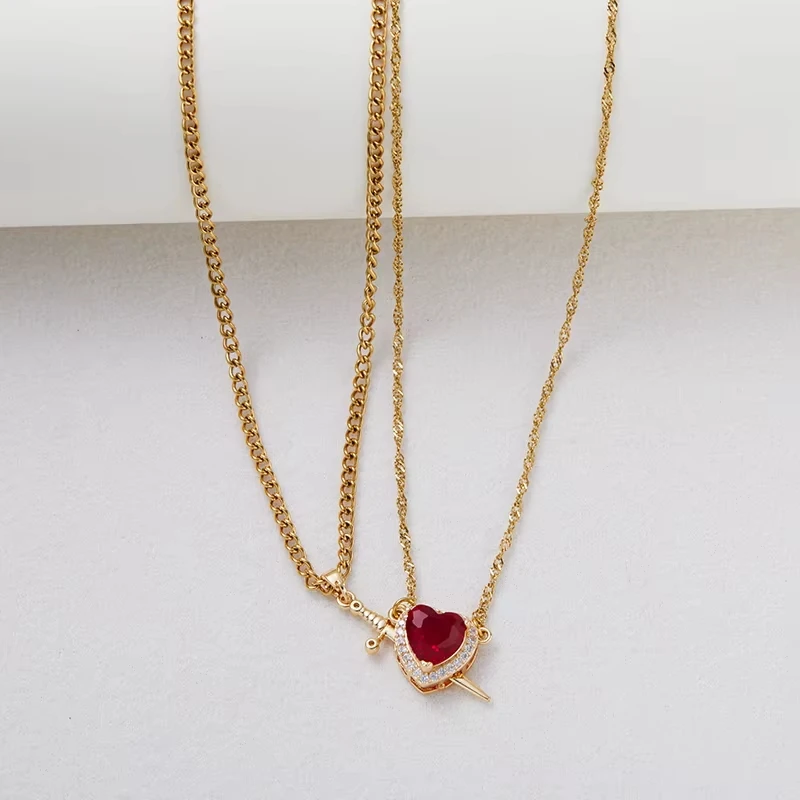 Valentine's Day gift Red Crystal Love Dagger Layered Necklace Red Pink Gold Silver with Real Preserved Rose Jewelry Gift Box Set