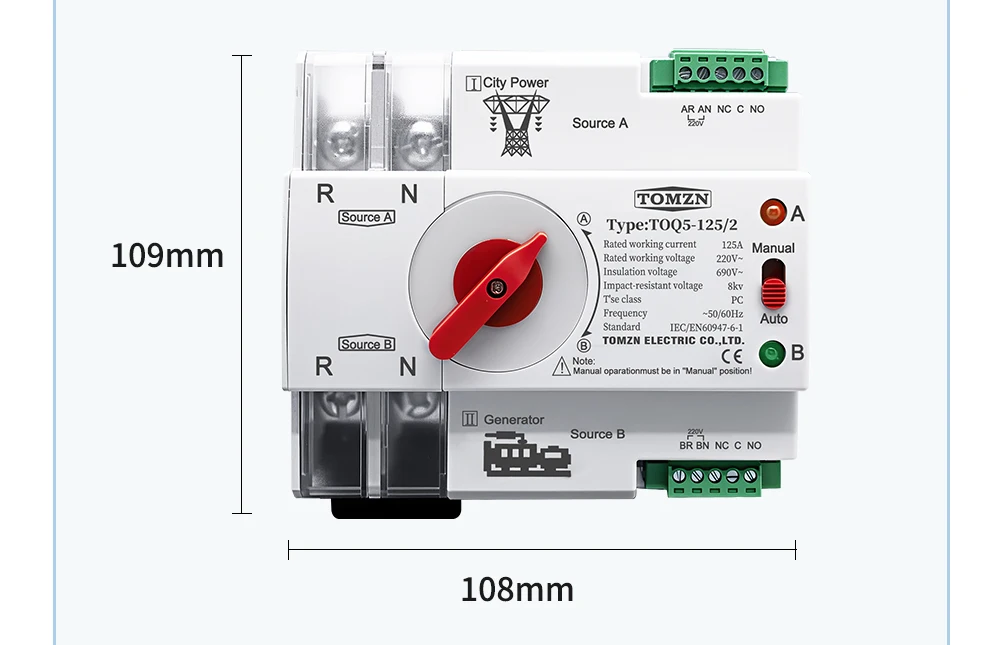 TOMZN Single Phase Din Rail ATS 220V Dual Power Automatic Transfer Electrical Selector Switches Uninterrupted 2P 63A 100A 125A