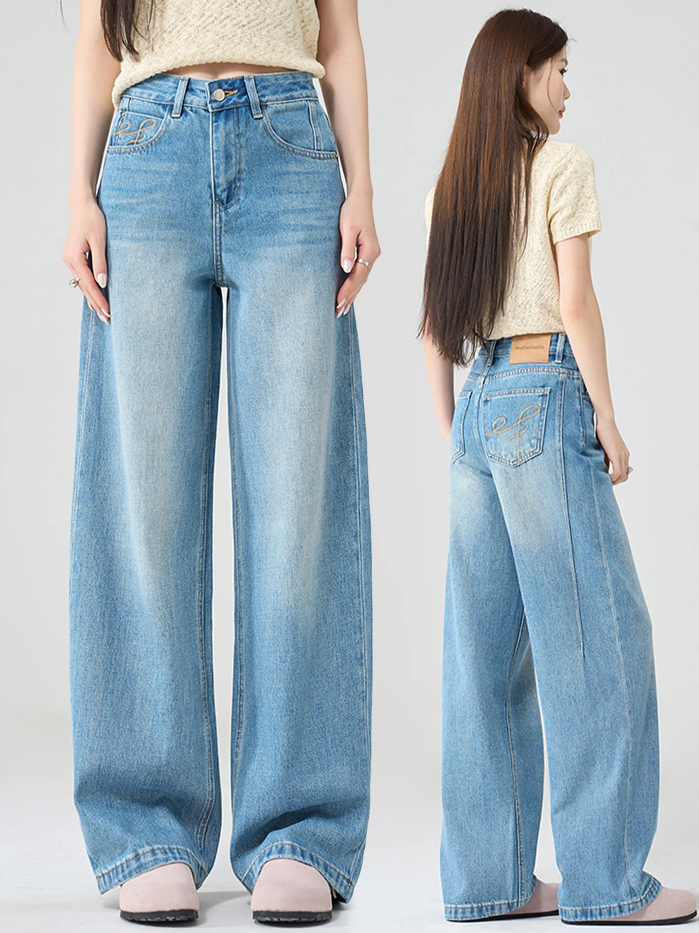 

Джинсы женские с высокой талией, утягивающие, из денима, весна-осень 2026, новая модель, с вышивкой, широкие штанины, зауженный крой, повседневные