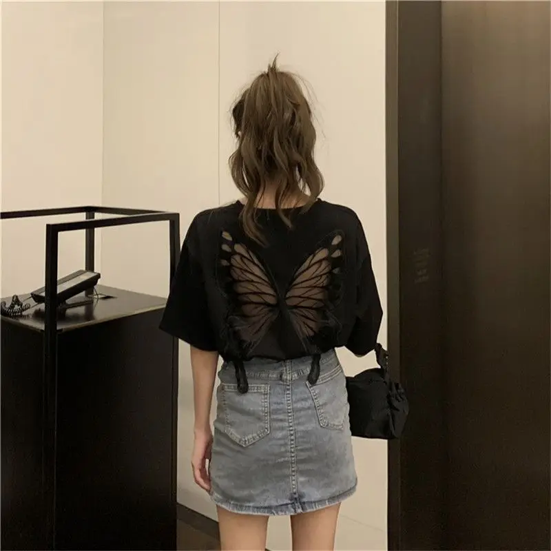 Summer Cotton Short Sleeve Women T Shirt Butterfly Wing Embroidery Back Hollow Out Loose Oversized Tops Tee Sisters Outfit Black