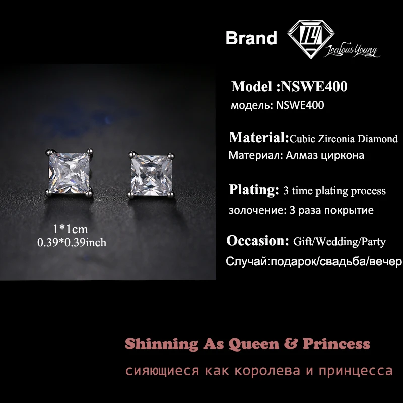 Classic Square Cubic Zirconia Stud Earrings for Men Small CZ Crystal Women Studs Ear For Party Mens Earrings Brincos AE400