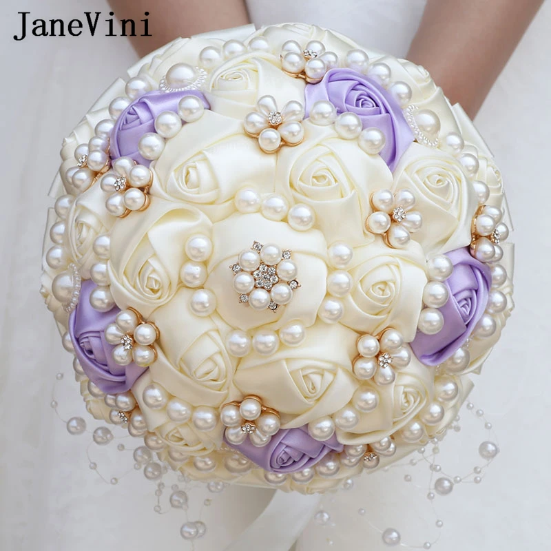 JaneVini Elegant 18cm Light Purple Ivory Pearls Wedding Bouquets for Bridesmaid Bride Handmade Satin Rose Custom Boeket Bruiloft