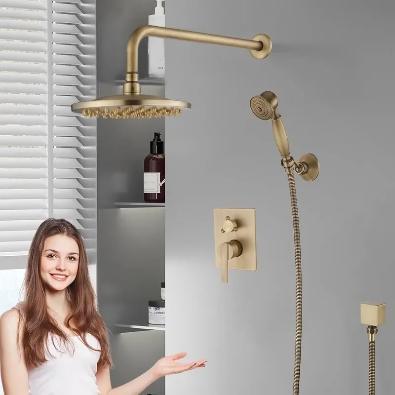 

Antique Bathroom Shower Faucet Set Brass With 10 Inch Round Head Wall Kit