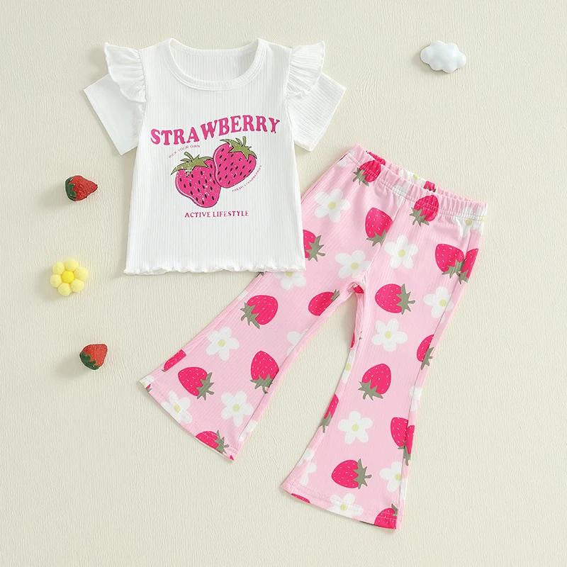 

Kids Girl Summer Outfits Strawberry Print Flying Sleeve T-Shirt and Elastic Flare Pants Cute 2 Piece Clothes