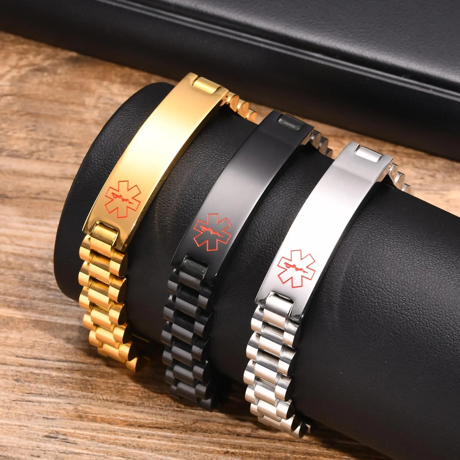 

Red Medical ID Bracelet for Men,Personalized Stainless Steel Watch Band Style Medical Alert Wristband,Luxury Jewelry Gifts